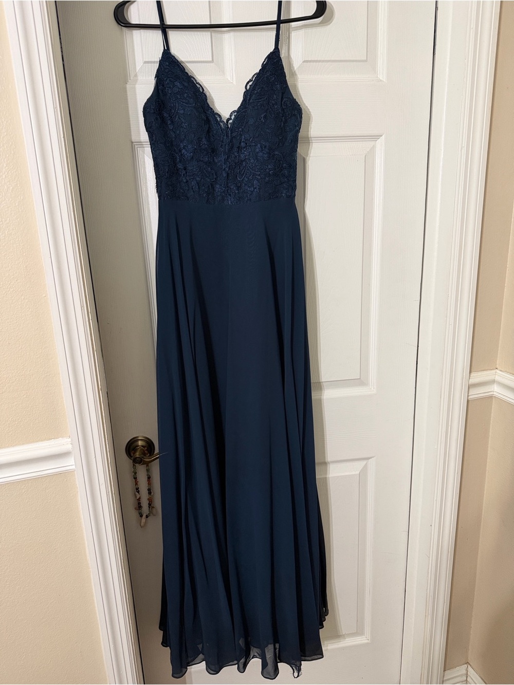 Azazie Navy Lace Bodice Chiffon Spaghetti-Strap Maxi Dress